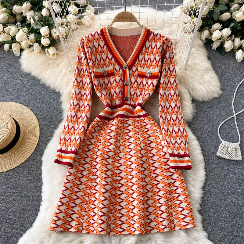 

LIRUICHENG 2021 Autumn Women Knitted Dress Retro Fashion Korean Long Sleeve A-line Dresses Casual Streetwear Short Sweater