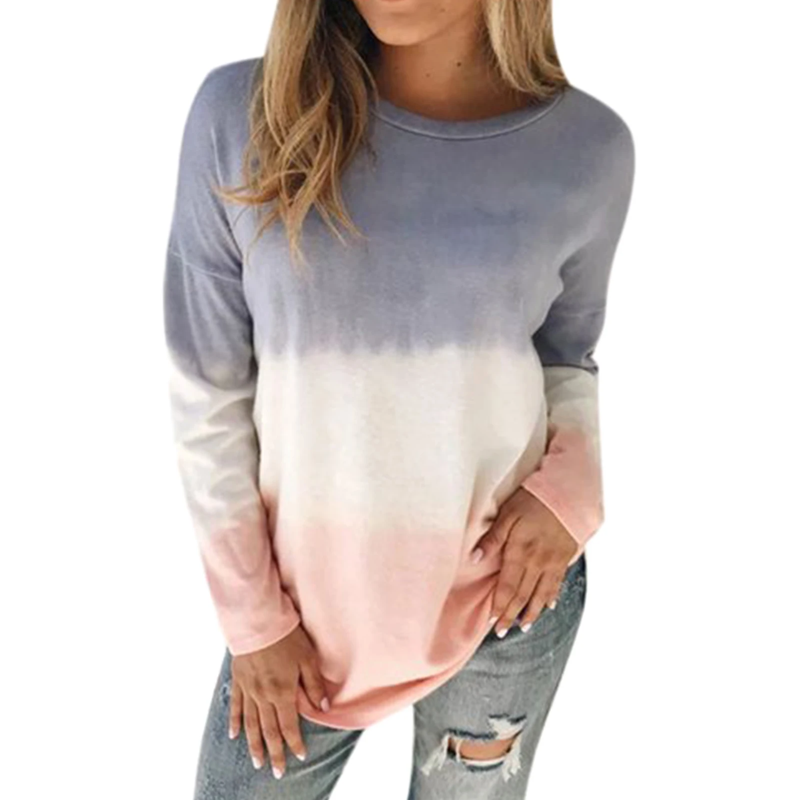 

Long Sleeve Tie Dye Polyester Crewneck Sweatshirt Gift Comfortable Pullover Autumn Winter Loose Fit Colorblock Casual For Women