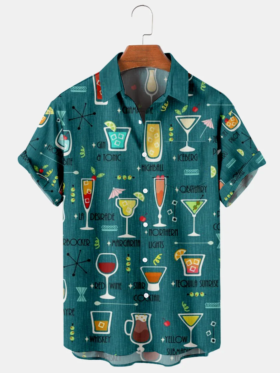 

2022 New Cross 2 Wine Bottle 3d Digital Printing Trend Loose Short-Sleeved Shirt Men'S Top