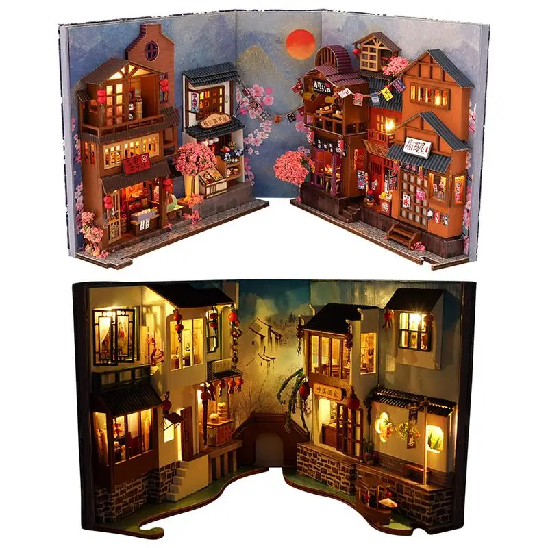 

DIY Book Corner Shelf Insert Kits Miniature Dollhouse with Furniture Room Box Cherry Blossoms Bookends Japanese Store Toys Gifts