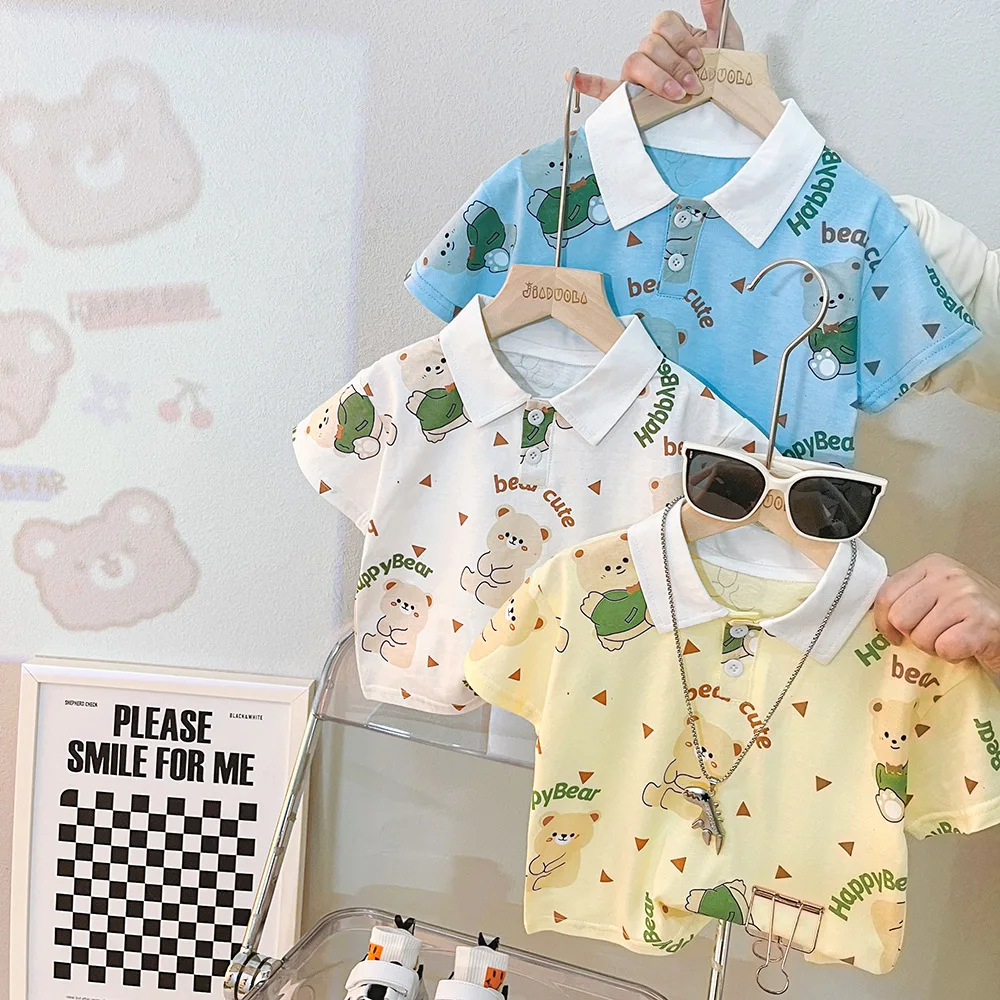 Boys summer suit 2023 new children's summer front shirt letter bear short sleeve summer three-year-old baby tide