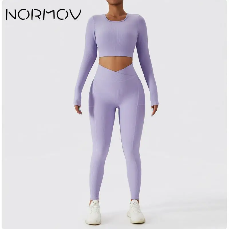 

Спортивные комплекты NORMOV, женский костюм для йоги с длинным рукавом, с резьбой, Быстросохнущий костюм для фитнеса, облегающий костюм для бега