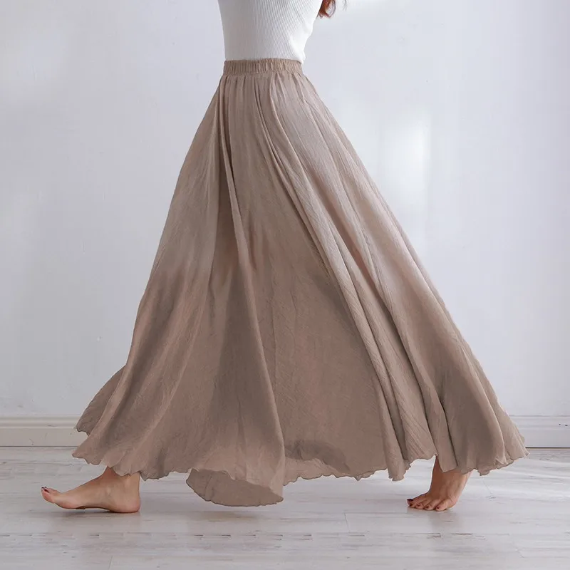 

GLAUKE High Quality Cotton Linen Maxi Skirt Womens Casual Elastic High Waist Pleated A-Line Beach Skirts Feminina Faldas Jupe