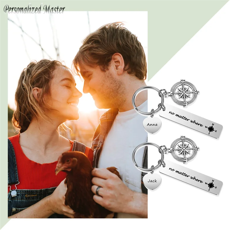 

Personalized Master No Matter Where Compass Keychains Heart Customized Name Date Key Chain Friendship Couple Anniversary Gift