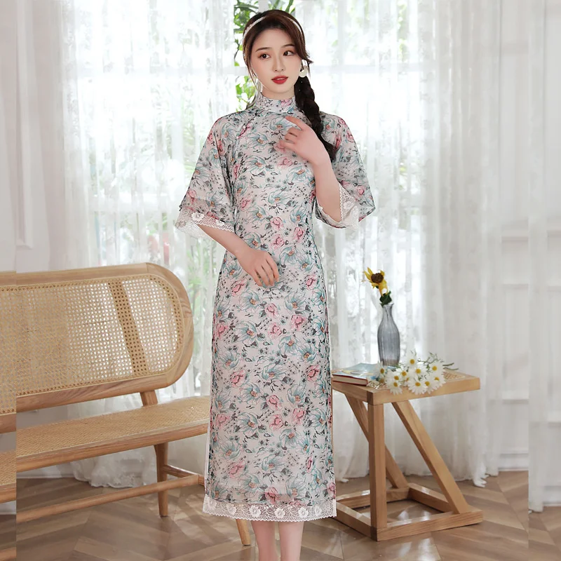 

Chinese Dress Elegant Traditional Qipao Midi Party Slim Spring Summer Chiffon Printing Lace Patchwork Loose Modern Cheongsam