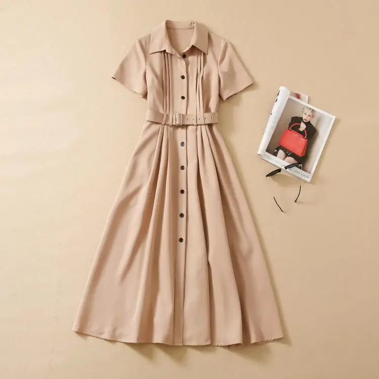 

Office Work Khaki Color Elegant Women Formal Dress Ruched Folds Single Breasted Short Sleeve Office Lady Dresses