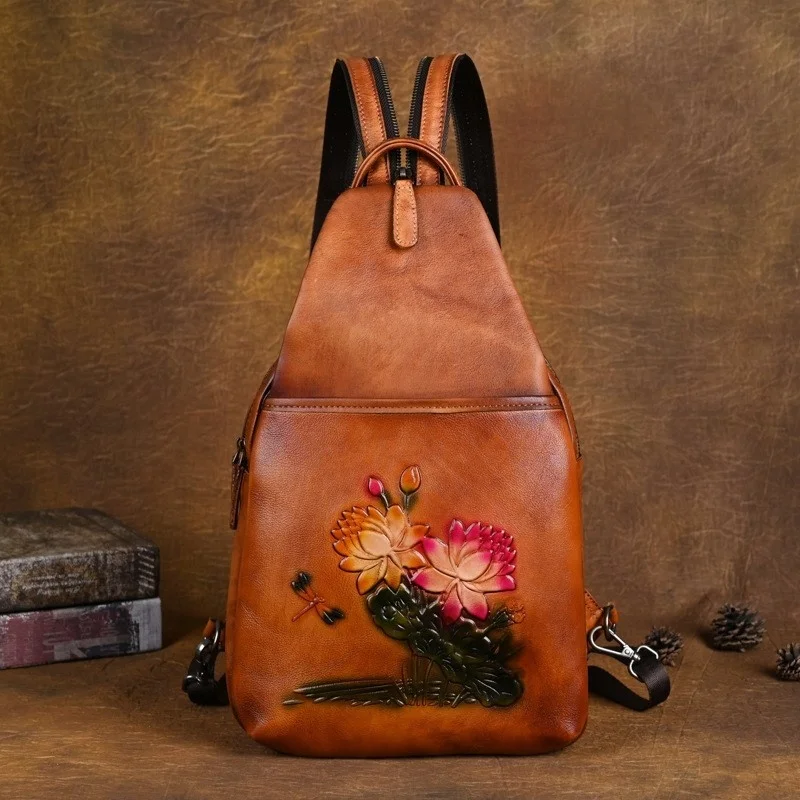 

Johnature Genuine Leather Embossed 2023 New Women Backpack Shoulder Bag Retro Large Capacity Natural Cowhide Travel Backpacks