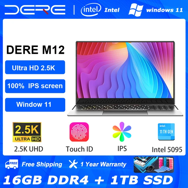 Ноутбуки DERE M12, 15,6 дюйма 2,5 K IPS, 16 ГБ ОЗУ + 1 ТБ SSD , Intel Celeron N5095, офисный Обучающий компьютер Windows 11 ноутбук 1