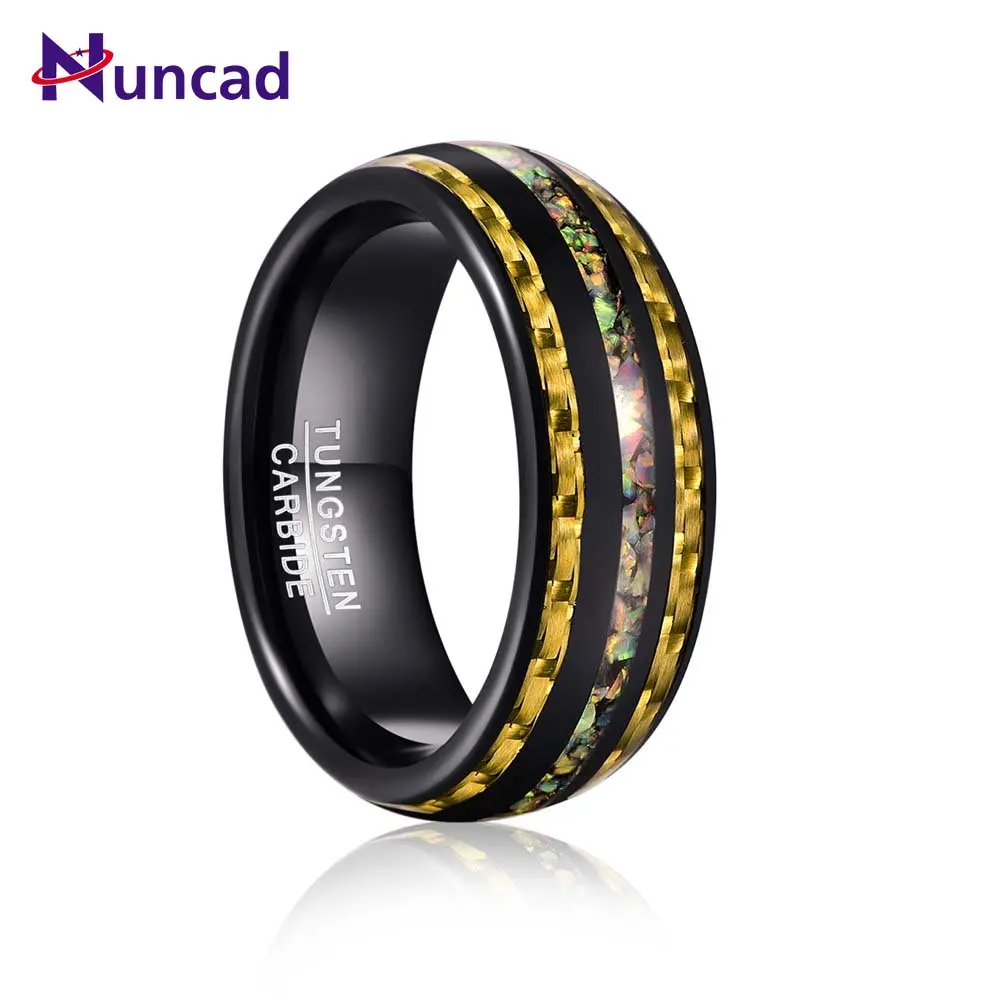 

NUNCAD 8mm Electric Black Inlaid Carbon Fiber + Broken Opal Tungsten Steel Ring Wedding Rings for Men Best Gift Size 7-12