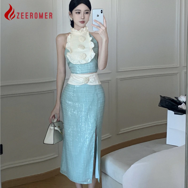 

2023 French Sexy Sleeveless Ruffled Collar Short Top + 3D Flower Wrap Hip Split Skirt Elegant Sequin Two-Piece Party Dress Set