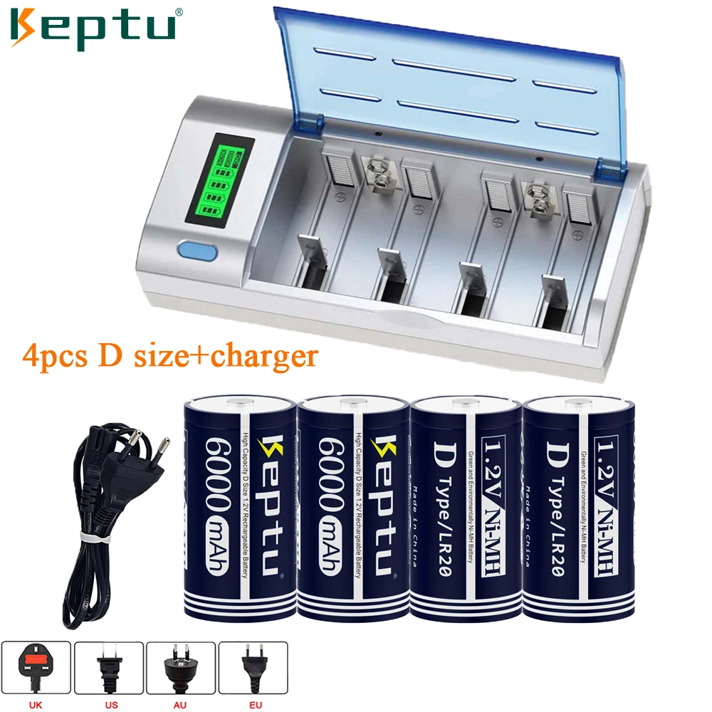 

Keptu 1.2V D size rechargeable battery 6000mAh 1.2V NI-MH d battery R20 + Fast LCD charger for AA AAA C D 9V batteries