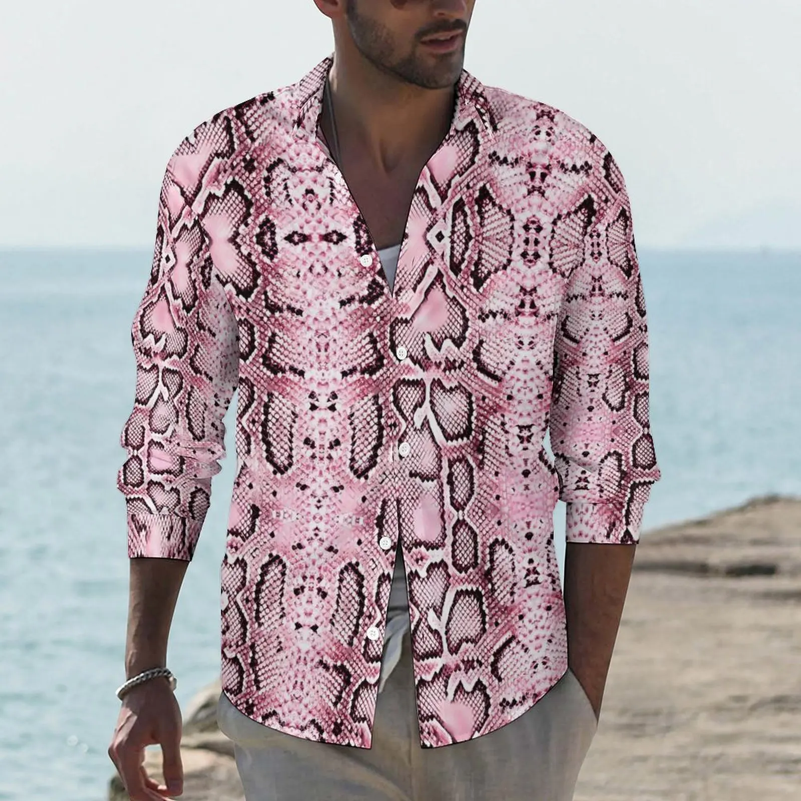

Pink Snakeskin Shirt Autumn Animal Print Casual Shirts Male Fashion Blouses Long Sleeve Design Streetwear Clothing Large Size