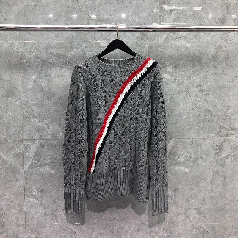 

TB THOM Sweater Autunm Winter Men's Sweaters Fashion Brand Clothing Merino Wool Diagonal RWB Stripe Crew Neck Gray TB Sweaters