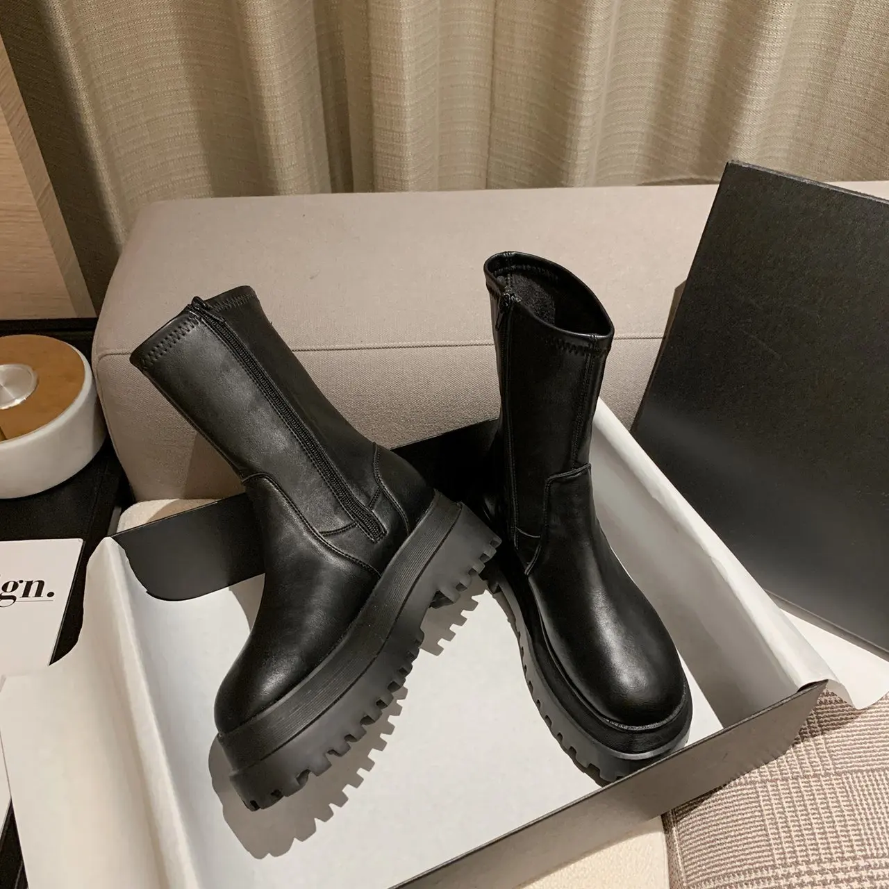 New short boots Ladies Thick Soles knee high Chelsea Non-slip zip Women shoe PU Leather Women's designer | Обувь