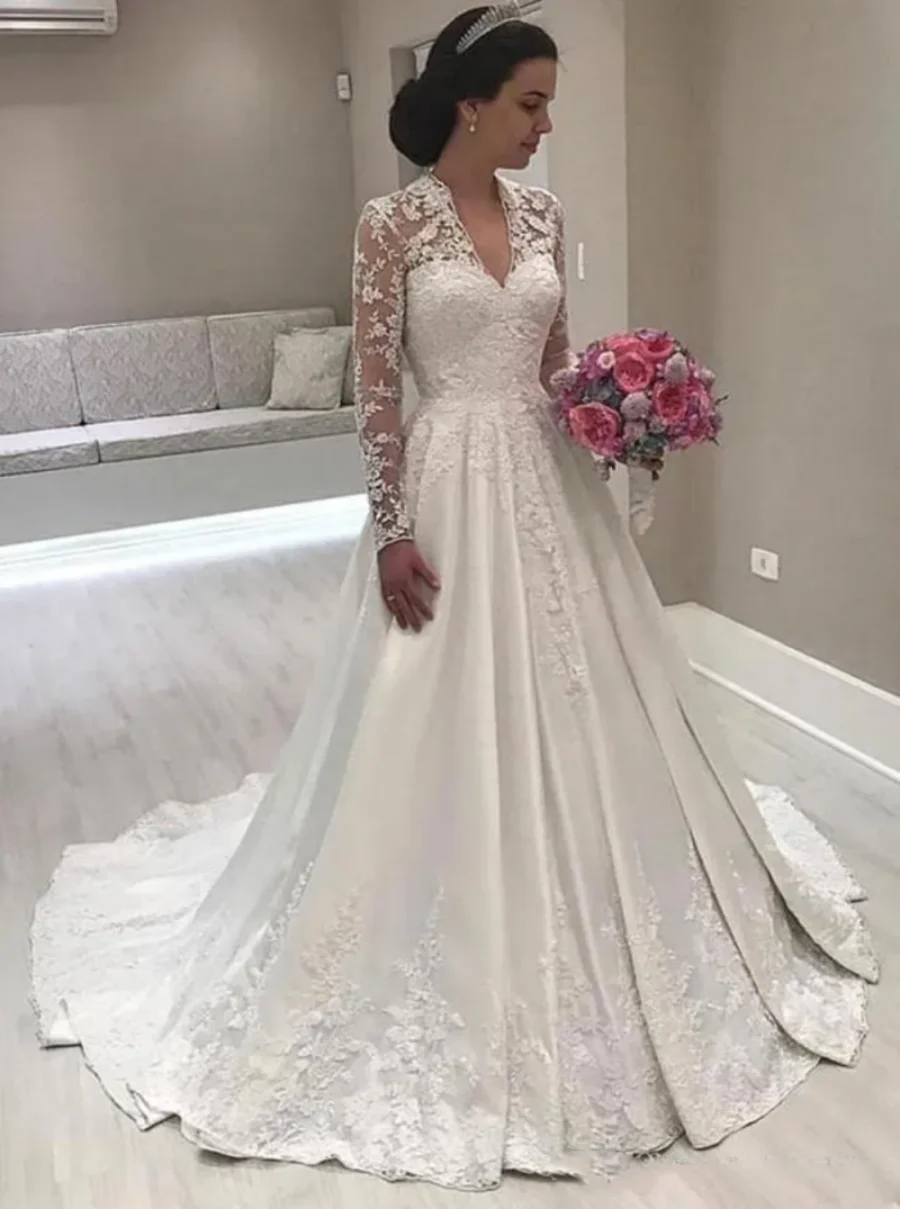 

Женское атласное свадебное платье, элегантное винтажное кружевное платье-трапеция с длинным рукавом, V-образным вырезом и аппликацией, 2024