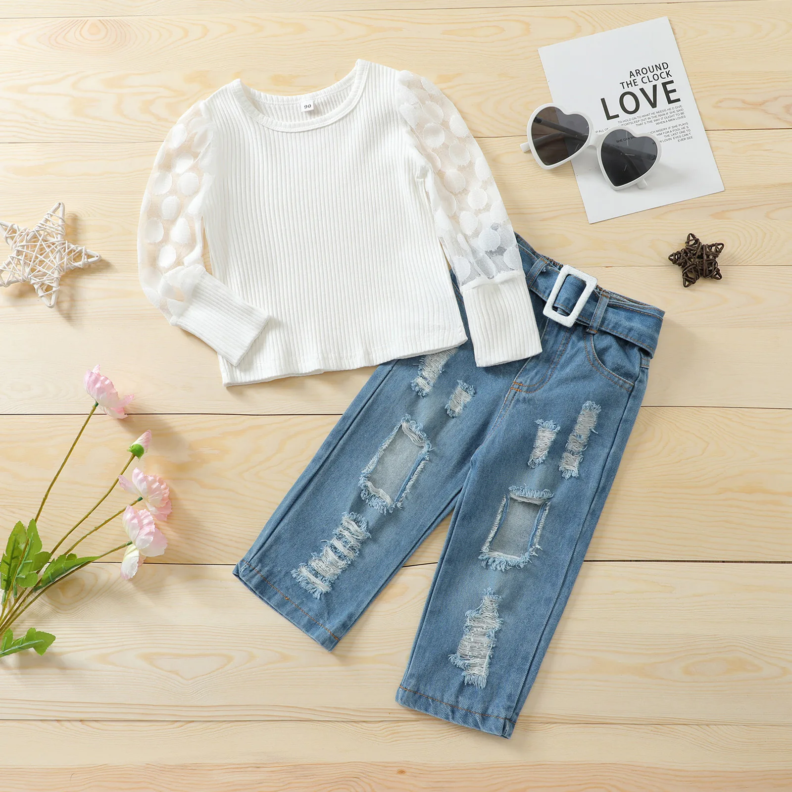 

Summer Children's Clothing Kit 2022 Girls' Mesh Sleeve Top Ripped Jeans + Belt Three-piece Set Fashion Two-piece Set