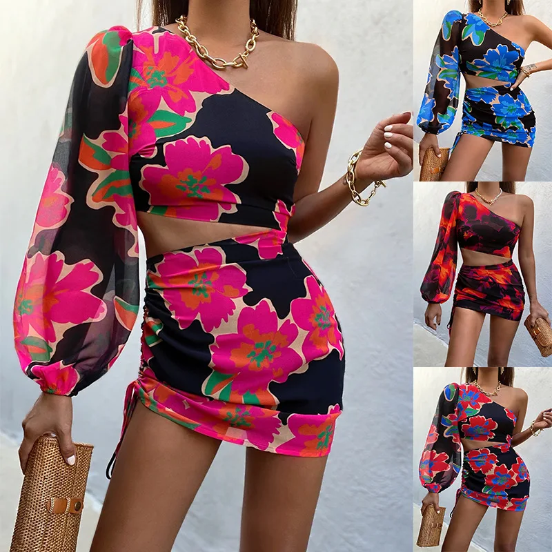

Summer 2022 New Ladies Fashion Sexy Chiffon Slanted Shoulder Print Dress