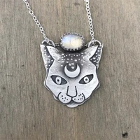 vintage style inlaid moonstone moon imprint textured cat face pendant fashion men women metal pendant necklace couple jewelry