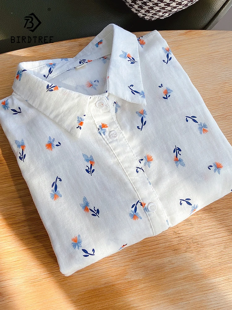 

Autumn New Women Cotton Yarn White Shirts Pink Dandelion Print Full Sleeve Turn Down Collar Loose Blouse Tops Spring T36312JC