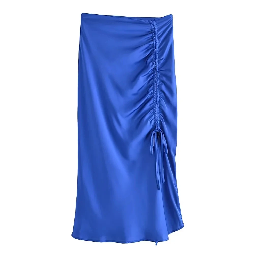 

Юбка сатиновая женская, 2022, длинная, синяя, с разрезом