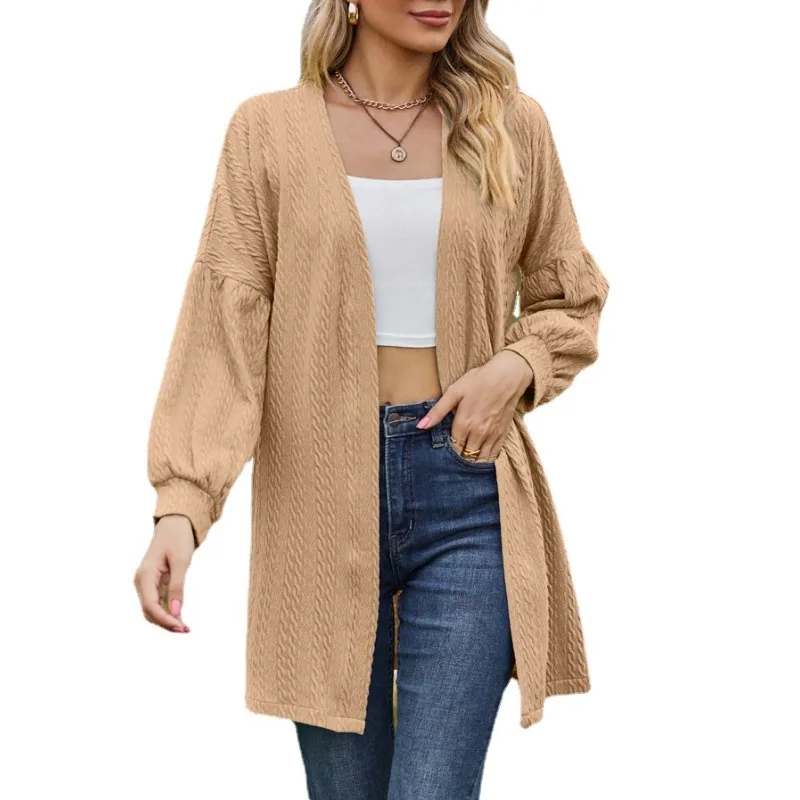 

2023 Autumn and Winter Women's Round Neck Solid Screw Thread Medium Long Sleeve Loose Cardigan Knitted Elegant Coat Tops