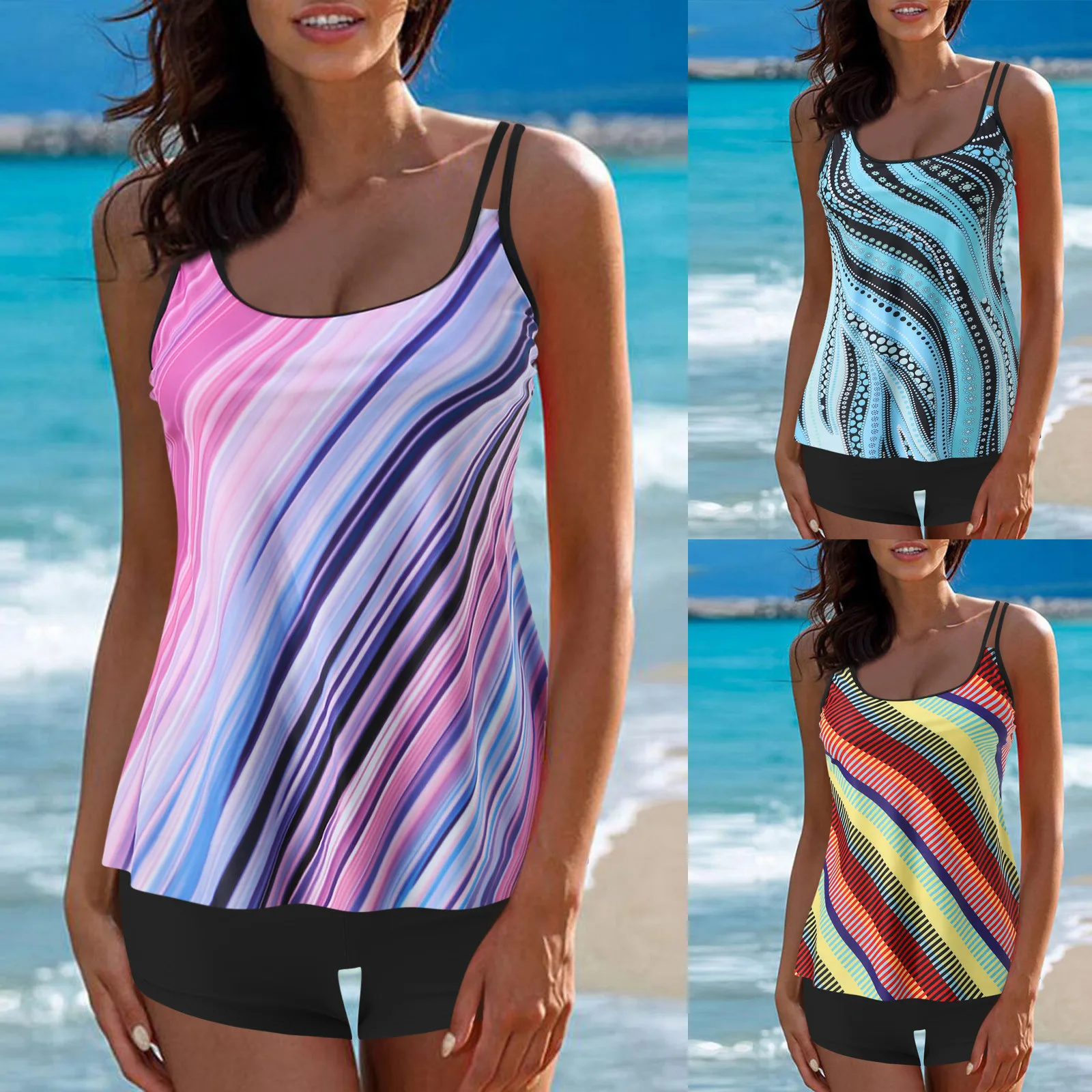 

Женские Купальники-танкини с принтом в полоску, купальники с шортами и V-образным вырезом, топы для плавания, купальные костюмы, купальники из 2 предметов
