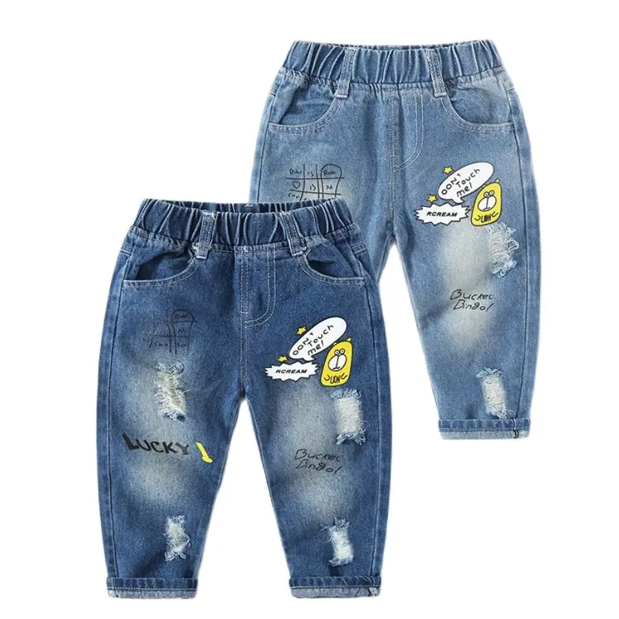

Весенние легкие рваные джинсы для детей, милые детские джинсы с мультяшным рисунком, повседневные брюки с эластичным поясом для мальчиков