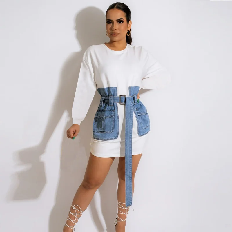 

WUHE Long Sleeve Denim Patchwork Mini Women Dress with Belt Fashion Pocket Autumn Casual Slim Street Wear