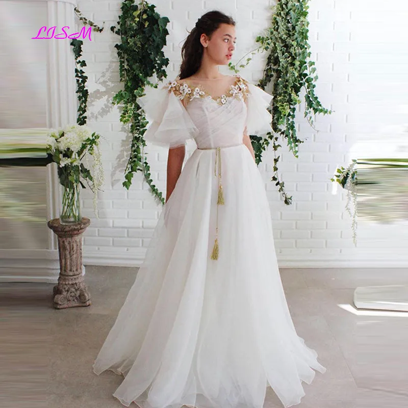 Купи White O-Neck Lace Tulle Long Prom Dress Short Sleeves A-Line Evening Party Dresses Elegant Formal Gowns 2022 за 6,510 рублей в магазине AliExpress