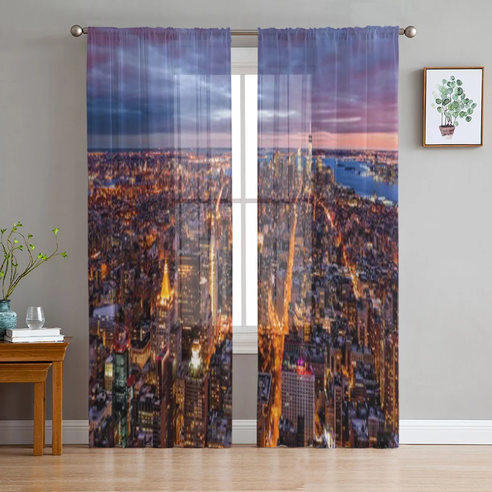 

Aerial View Over New York At Dusk Tulle Sheer Curtains for Living Room Bedroom Kitchen Decoration Voile Organza Curtains