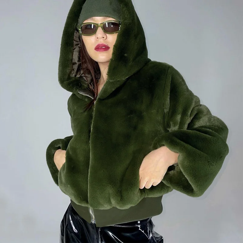 

Women's new winter fashion casual slim zipper hooded long sleeve fur coat