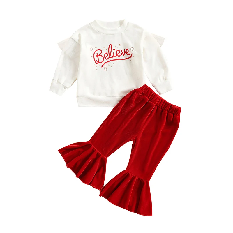 

Toddler Girls Autumn Outfit Holiday 0-3 Years Baby White Long Sleeve O Neck Letter Print Pullover + Red Flared Pants Clothes Set