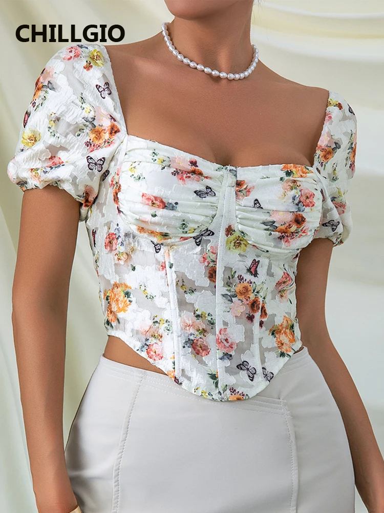 

CHILLGIO Women Summer Irregular Floral Print Blouse Fashion Bohemian Vintage Y2K Short Puff Sleeves Sqaure Collar Irregular Tops