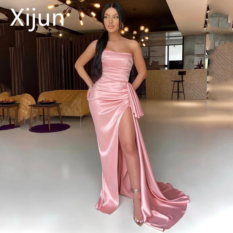 

Xijun Pink Mermaid Prom Dresses Strapless Sleeveless Dubai Saudi Arabia Evening Gowns Pleated Women Simple Arabic Robe De Soiree