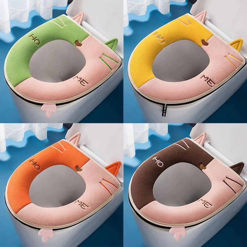 

Shorthair cat with handle toilet mat Velcro zipper seat cushion winter toilet cover embroidery pattern toilet cover cushion