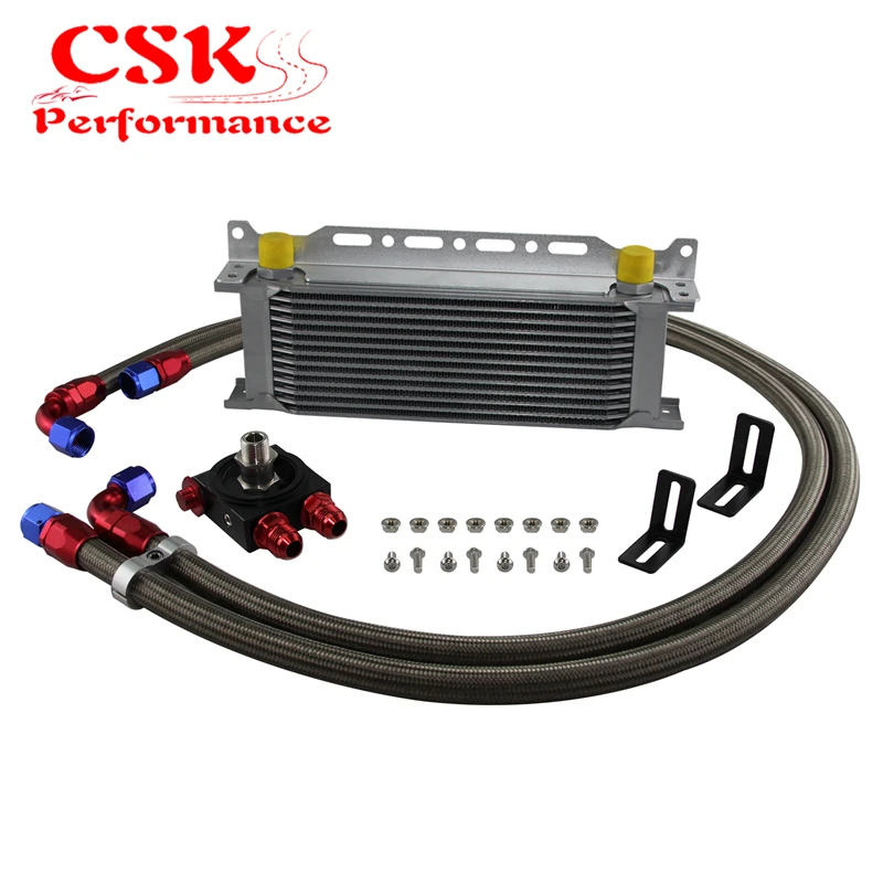 

Universal 13 Row Oil Cooler Kit with Bracke & AN10 Thermostat Oil Filter Adapter 3/4-16 UNF M20x1.5