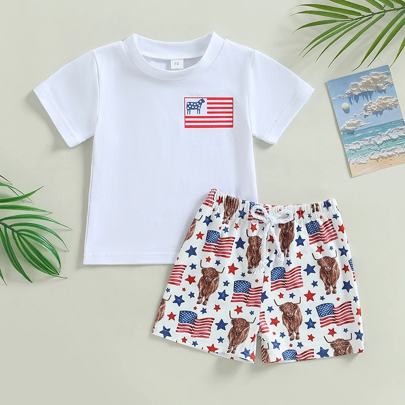 

Independence Day Summer Toddler Kids Clothes Boys Girls Short Sleeve T-shirts+Star Cattle Print Shorts Outfits Baby Clothing