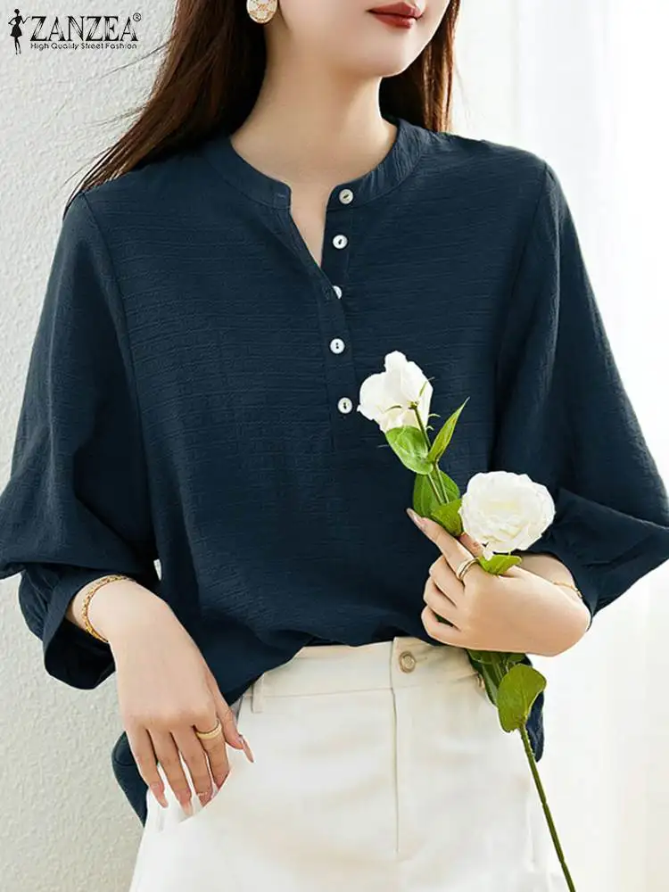 

2023 ZANZEA Elegant Summer Office Shirt Fashion Women Solid Buttons Tops Casual Party Blusas Chemise 3/4 Sleeve OL Work Blouse