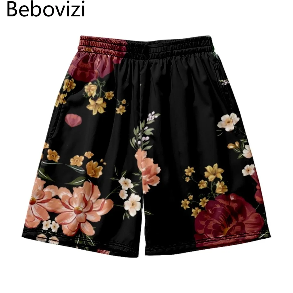 

New Design Summer Flowers Print Streetwear Beach Shorts Casual Loose Men Women Elastic Waist Gym Shorts Men Plus Size 5XL 6XL