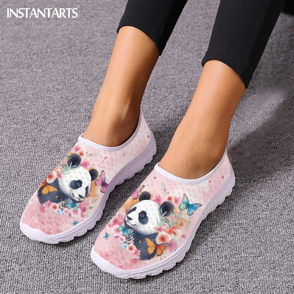 Cute Panda Cartoon Floral Mesh Shoes Women Men Teenager Casual Tennis Summer Breathable Flats Home Slip-on Girls Loafers Cutom
