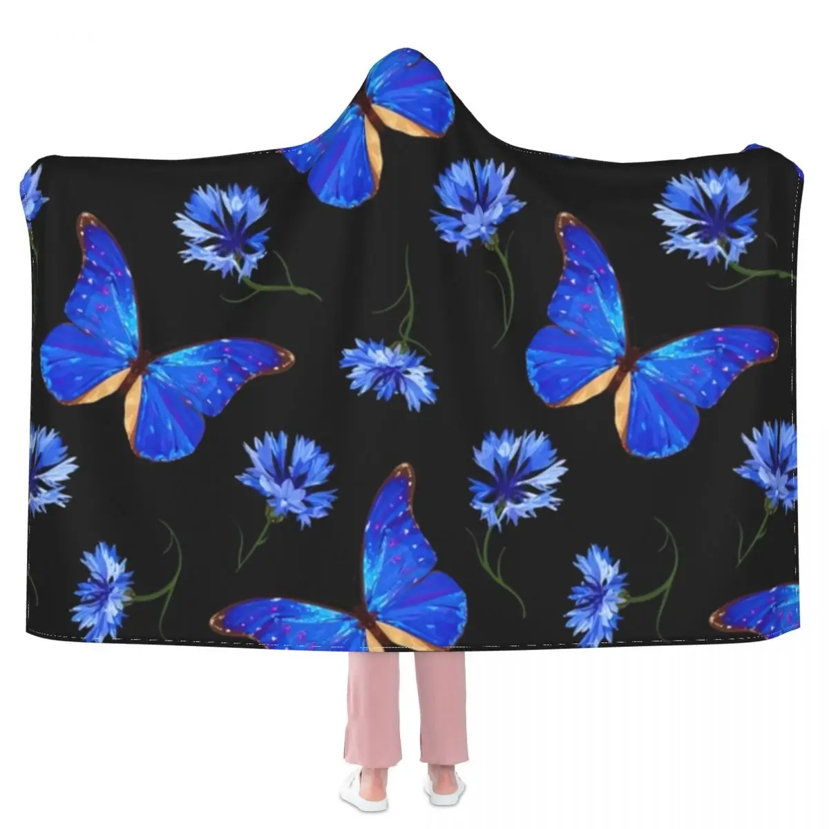 

Blue Floral Butterfly Graphic Blanket Butterflies Vintage Patchwork Soft Fashion Hooded Bedspread Cute Fleece Travel Blanket