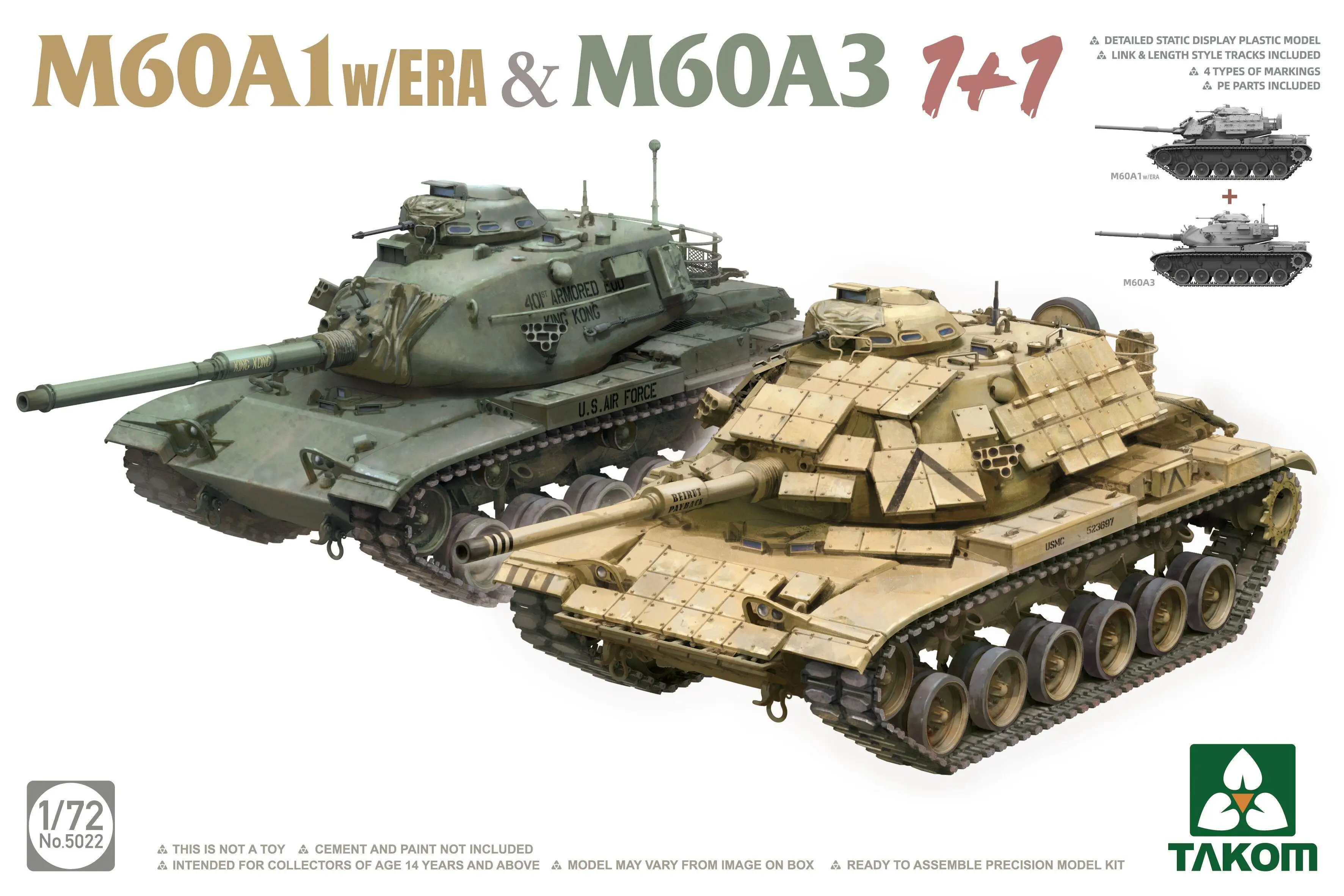 

TAKOM 5022 1/72 Scale M60A1 w/ERA & M60A3 1+1 Model Kit