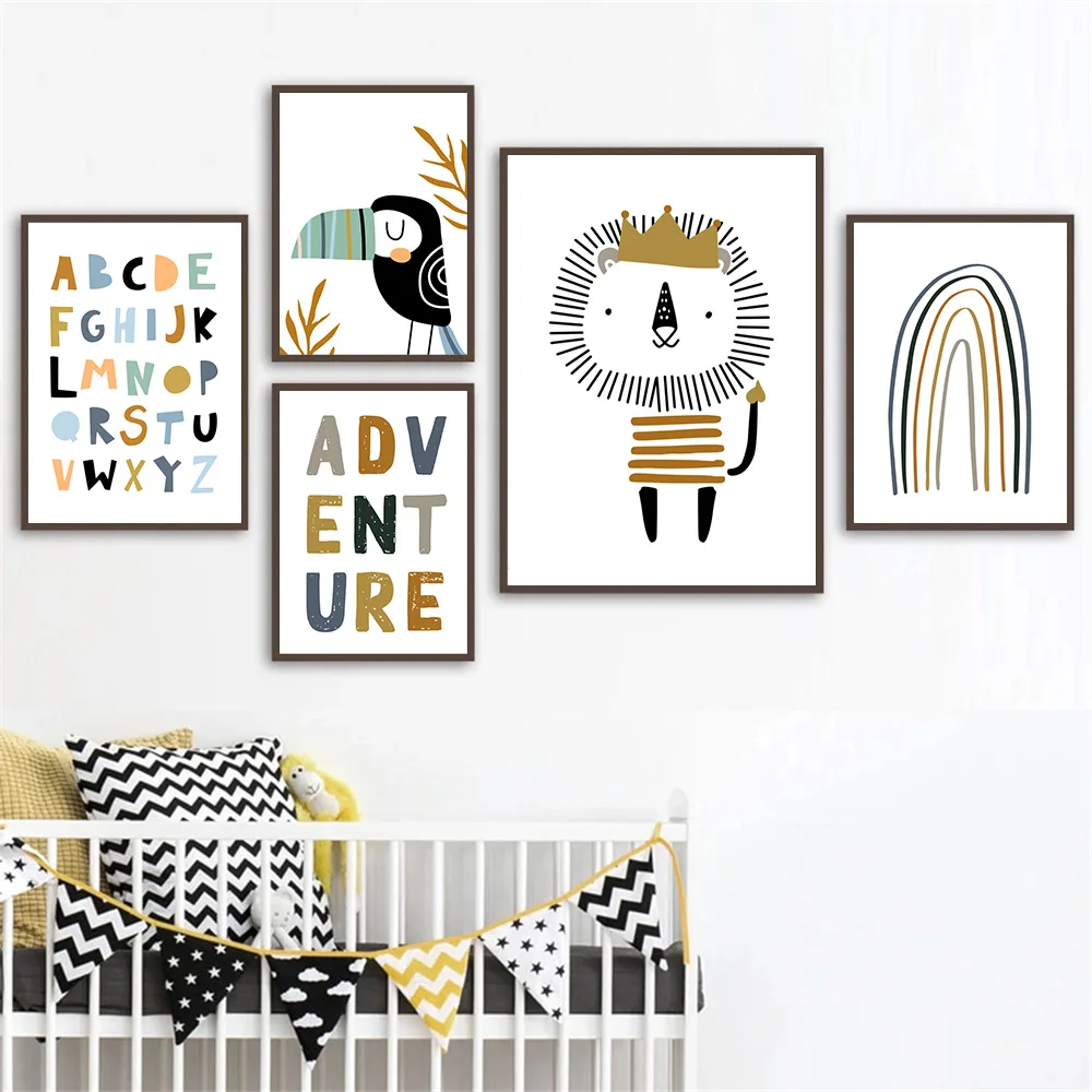 

ABC Alphabet Canvas Art Print Lion Poster Nursery Wall Art Painting Rainbow Posters Nordic Wall Pictures Kids Baby Room Decor