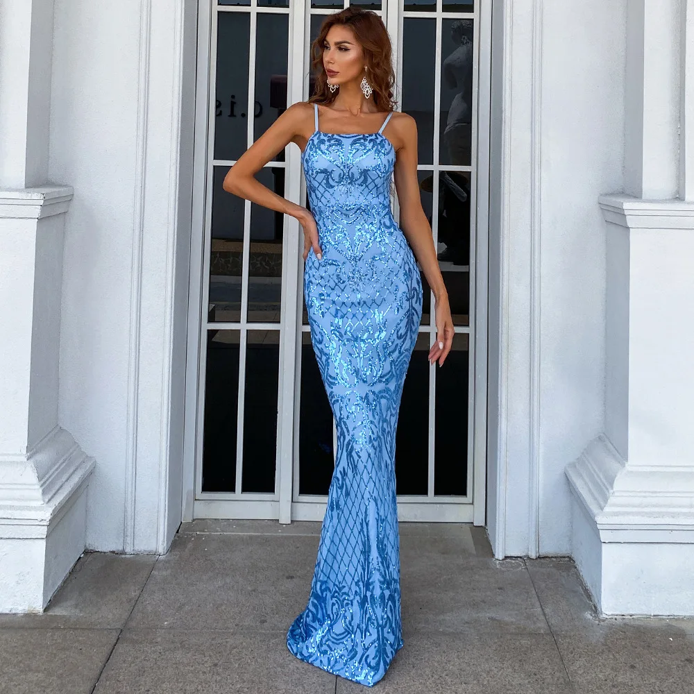 Romans 2022 Blue Sequin Evening Dress Spaghetti Strap Mermaid Party Dress Sexy Long Dress For Girl Women Party Dress