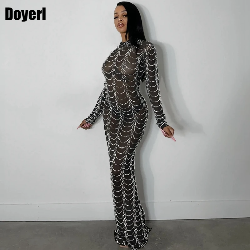 

Rhinestone Sexy Party Maxi Dress Long Sleeve See Through Wedding Bodycon Evening Dresses Club Sparkly Birthday Dress for Women