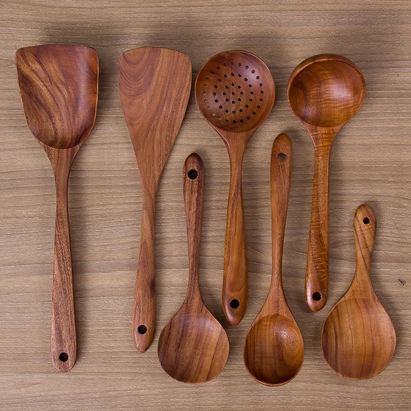 

Thailand Teak Natural Wood Tableware Spoon Ladle Turner Long Rice Colander Soup Skimmer Cooking Spoons Scoop Kitchen Tool Set
