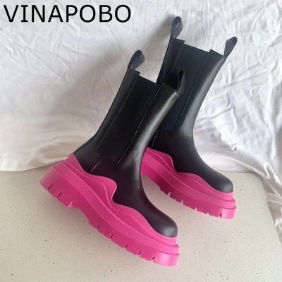 

VINAPOBO Ins hot trendy martins boots women flat platform round toe chelsea boots brand mid-calf boots autumn winter shoes beige