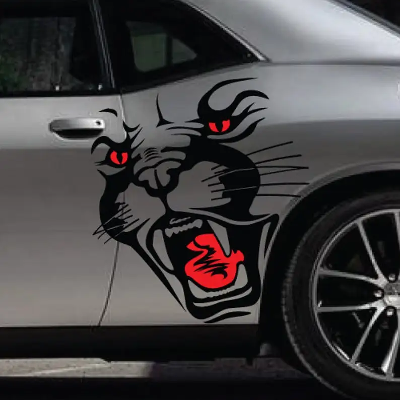 

INCLUDES Both Sides - Cat Running Fits HellCat Challenger Tribal Vintage Tattoo Door Pickup Truck Car Vehicle Decal Graphic Side