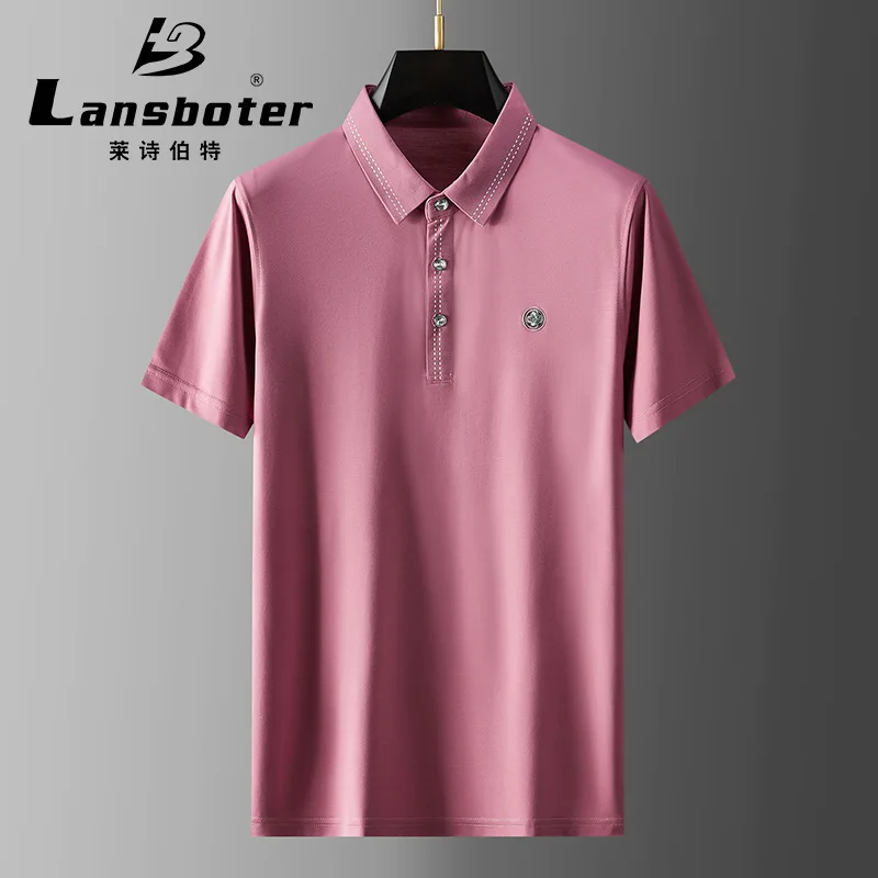 

Summer Pink Men's Short-sleeved T-shirt Young And Middle-aged Flower Pattern Top Breathable Iron-free Mercerized Sunscreen Polo