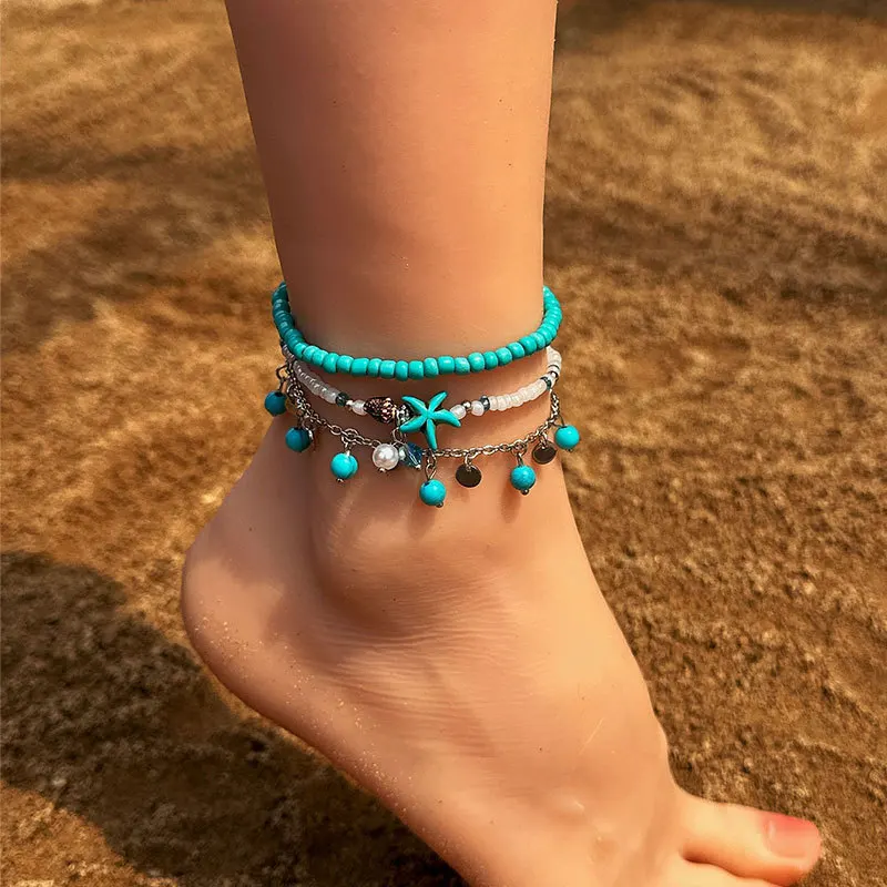 

3pcs/set Retro Starfish Pendant Anklets Stone Beads Ankle for Women Summer Beach Bohemian Foot Chain Travelling Souvenir Gifts